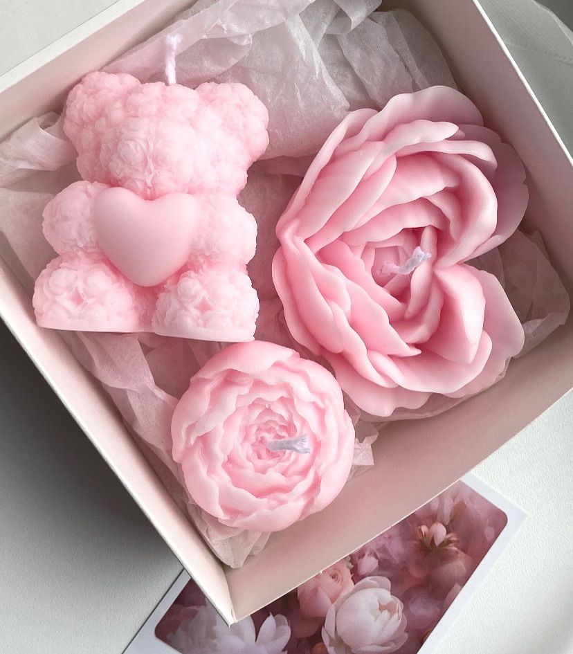 Heart rose teddy 3pcs candle gift box